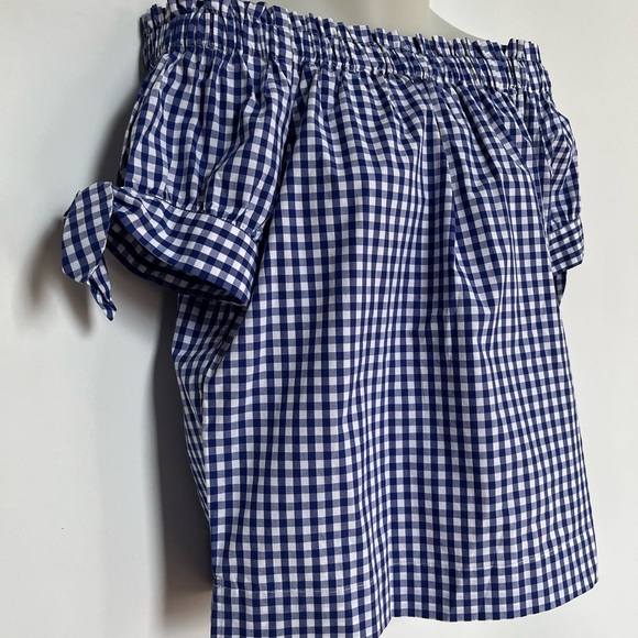 J. Crew Off the Shoulder Gingham Blue White Top Blouse Size 6 - Picture 5 of 15